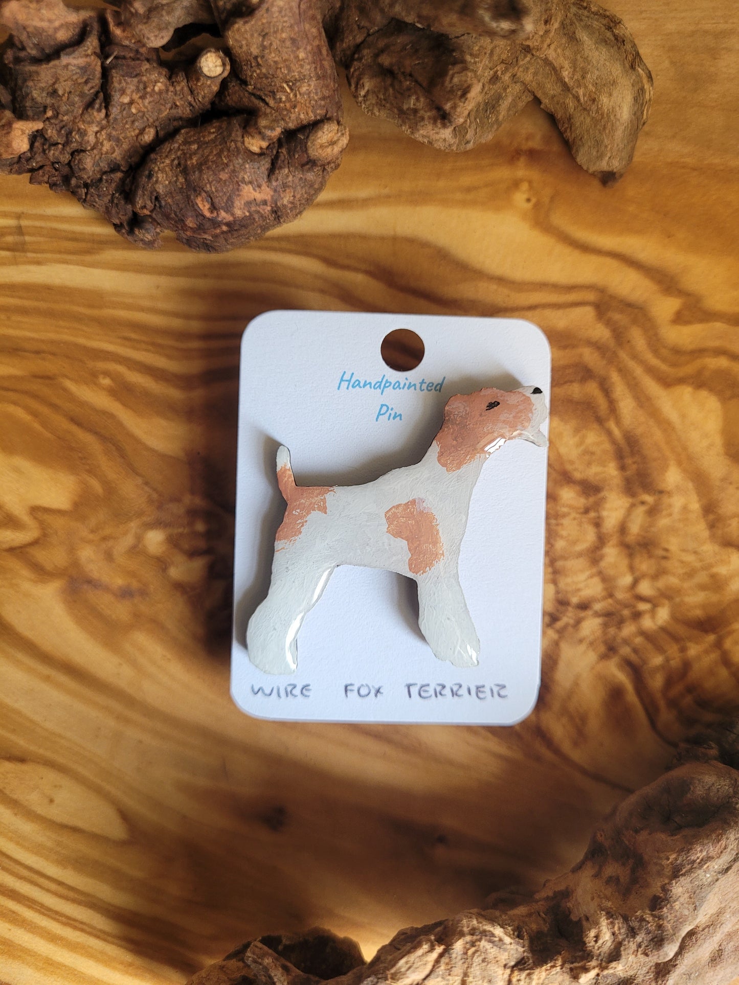 Wooden white with tan patches colour wire fox terrier dog pin badge