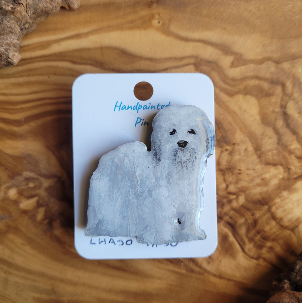 Painted white lhaso apso dog pin