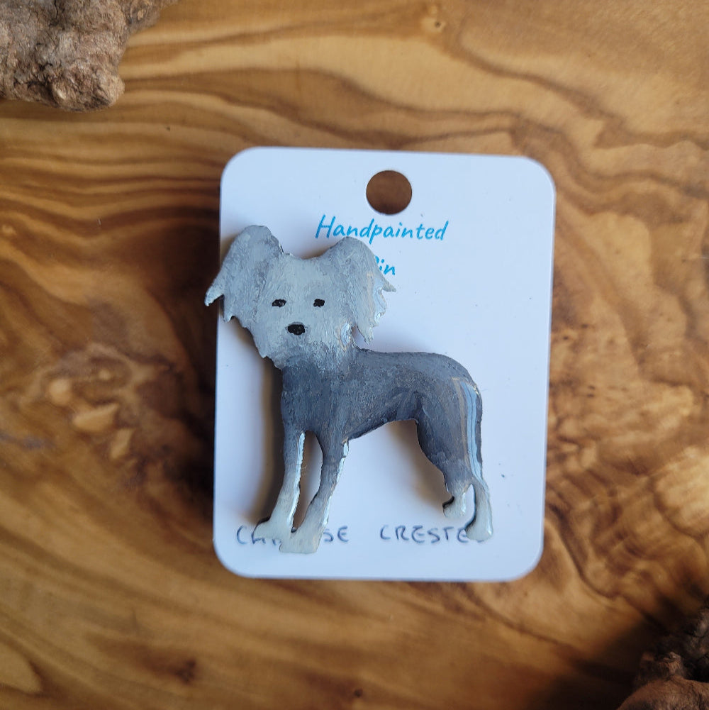 Handpainted wooden chinese crested dog pin grey