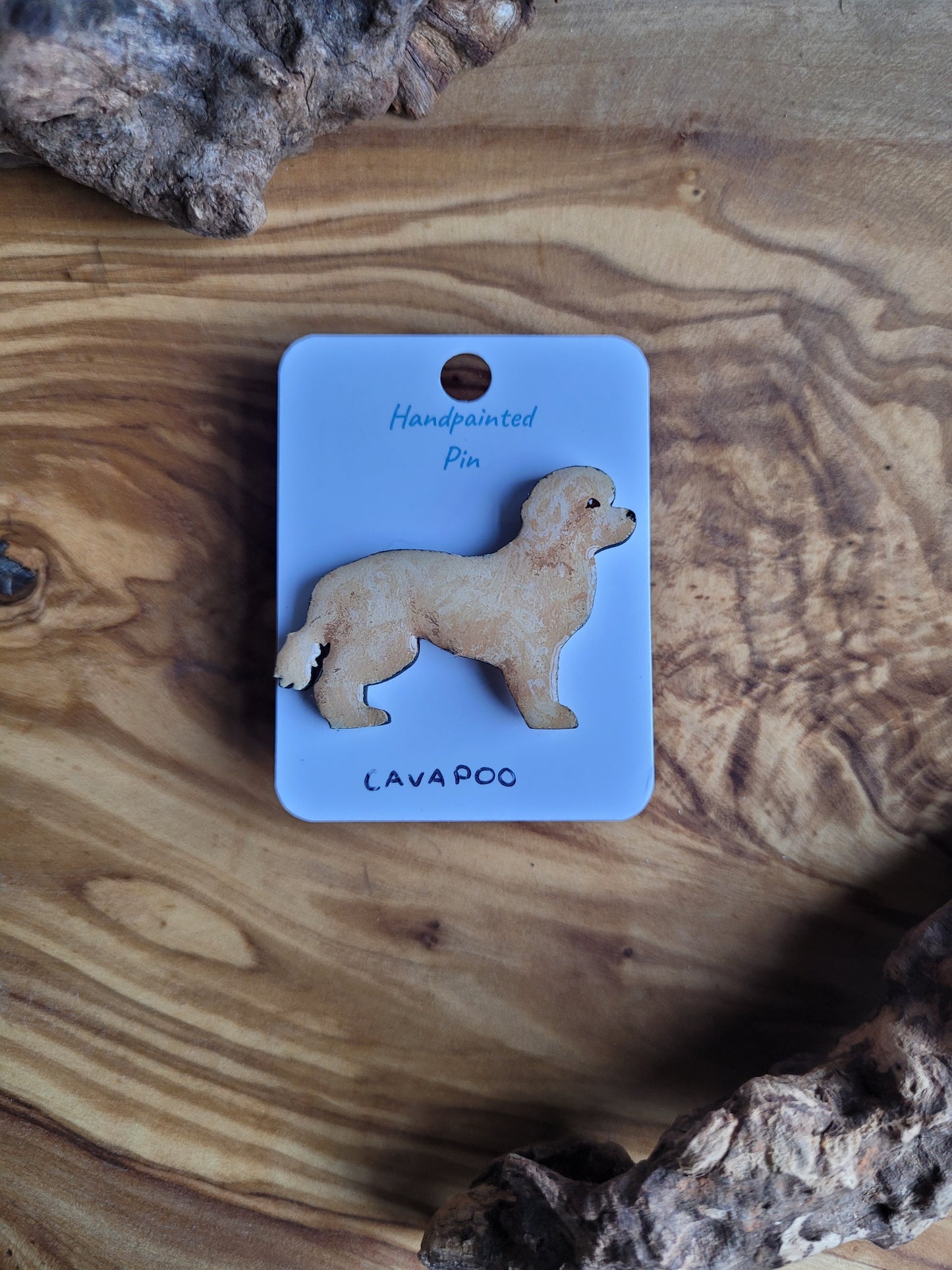 Hand-painted wooden Cavapoo dog pin badge. Golden Colour.