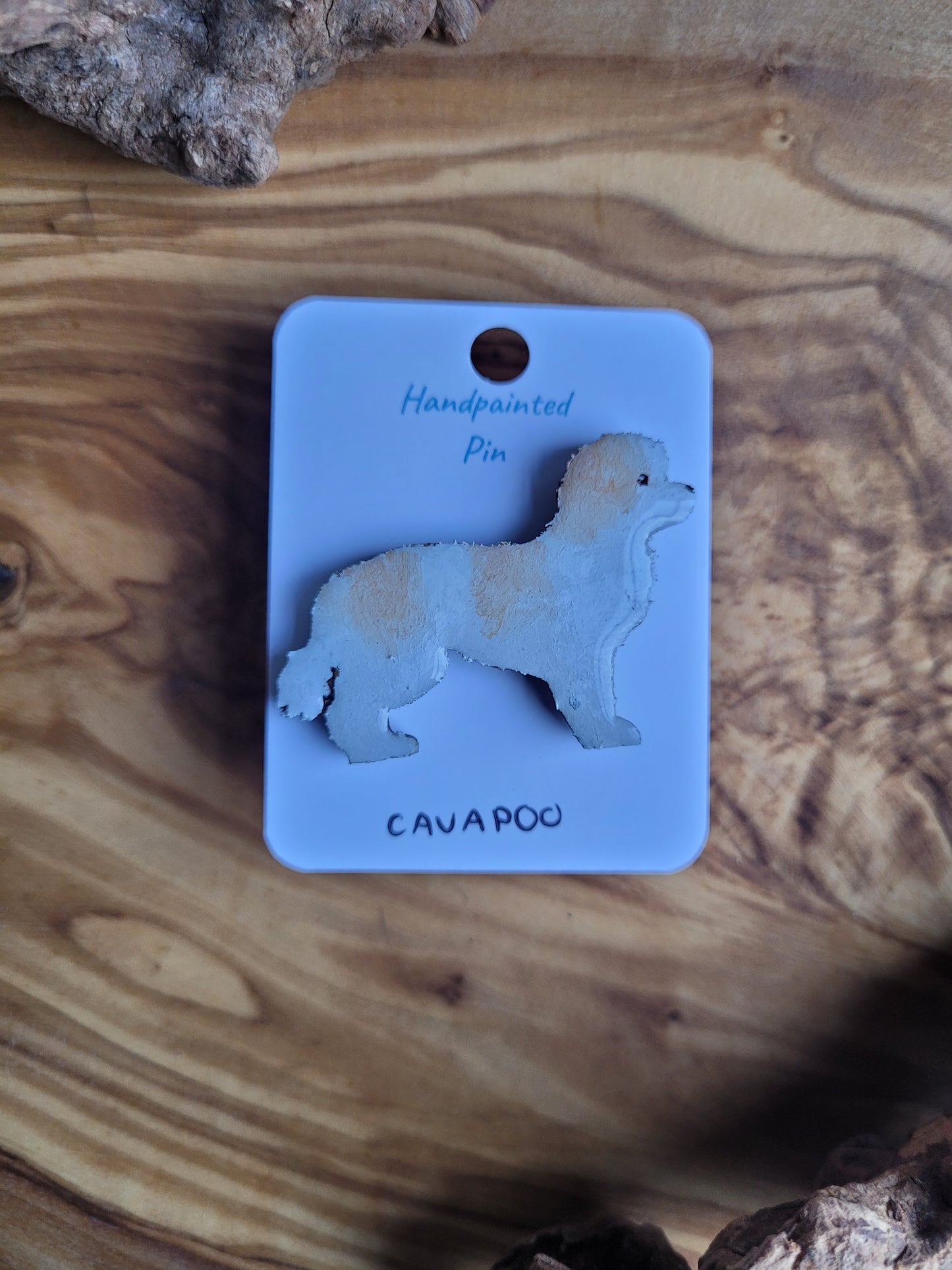 Hand-painted wooden Cavapoo dog pin badge. White and fawn patches Colour.