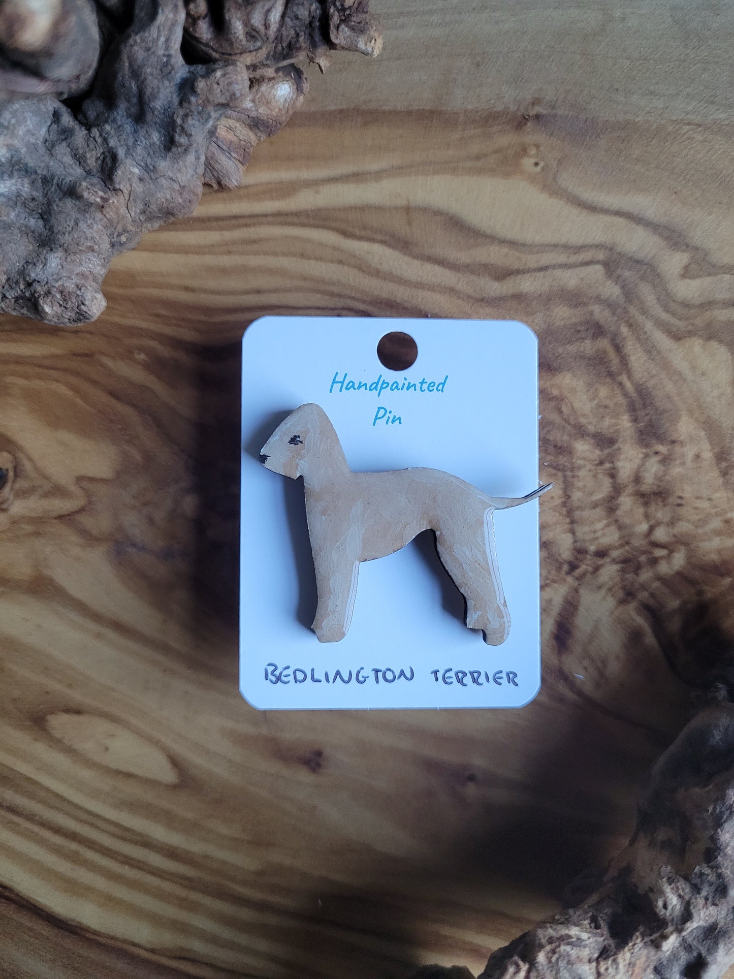 Hand-painted Wooden Fawn Coloured Bedlington Terrier Dog Pin Badge