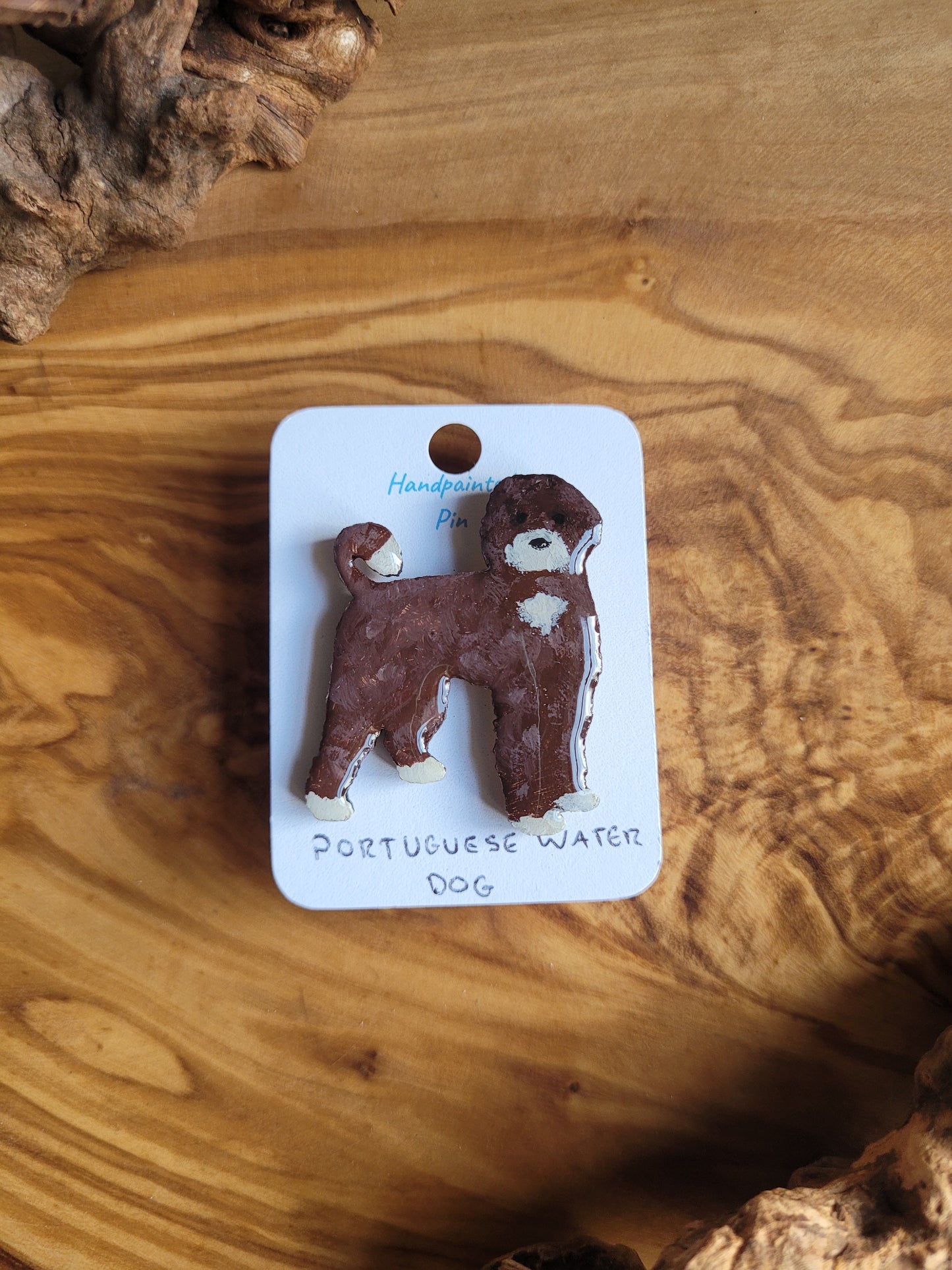 Hand-painted Portuguese Water Dog pin badge, painted onto wood. Chocolate and white colour.