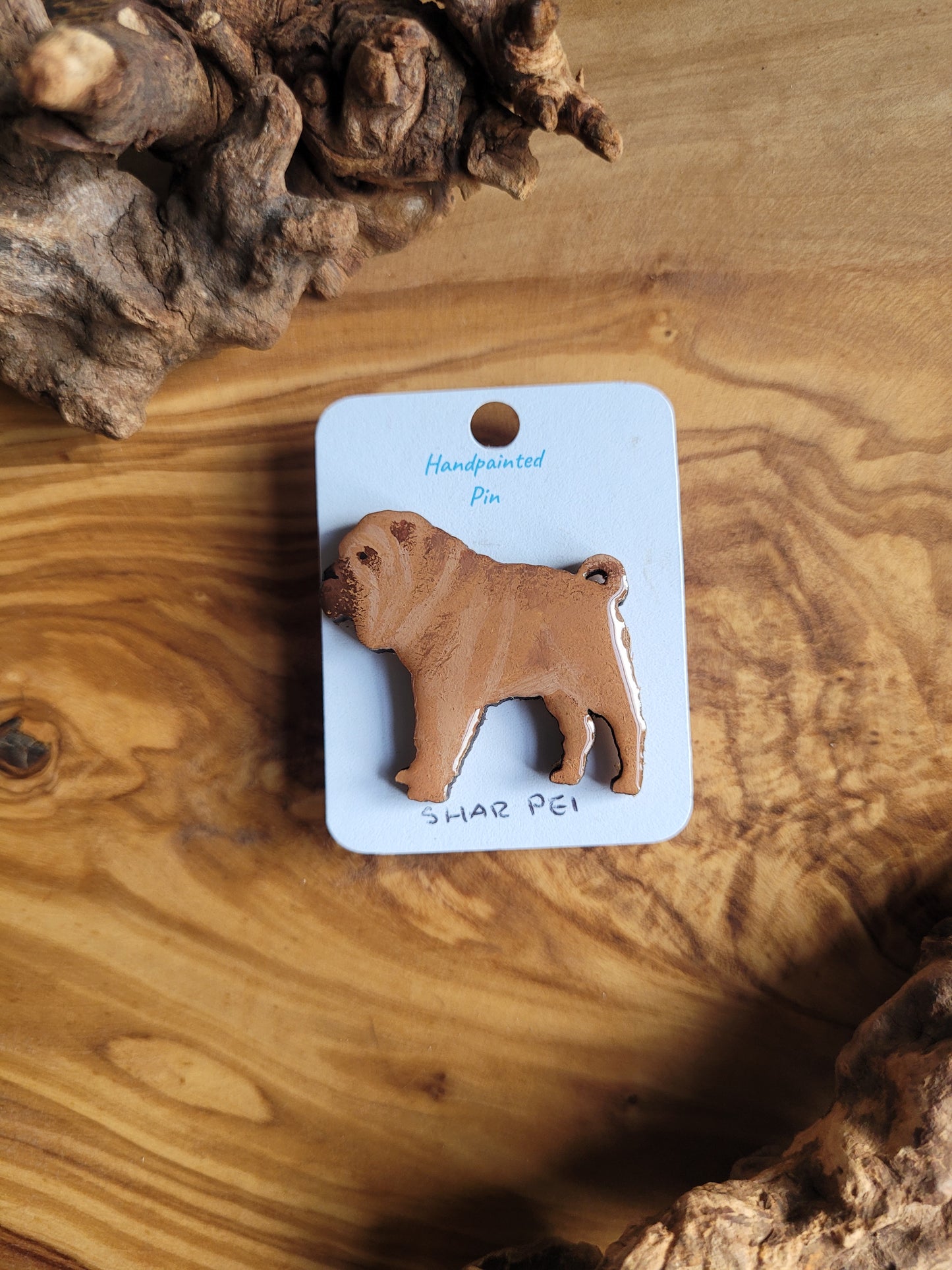 Hand-painted red Shar Pei wooden dog pin badge