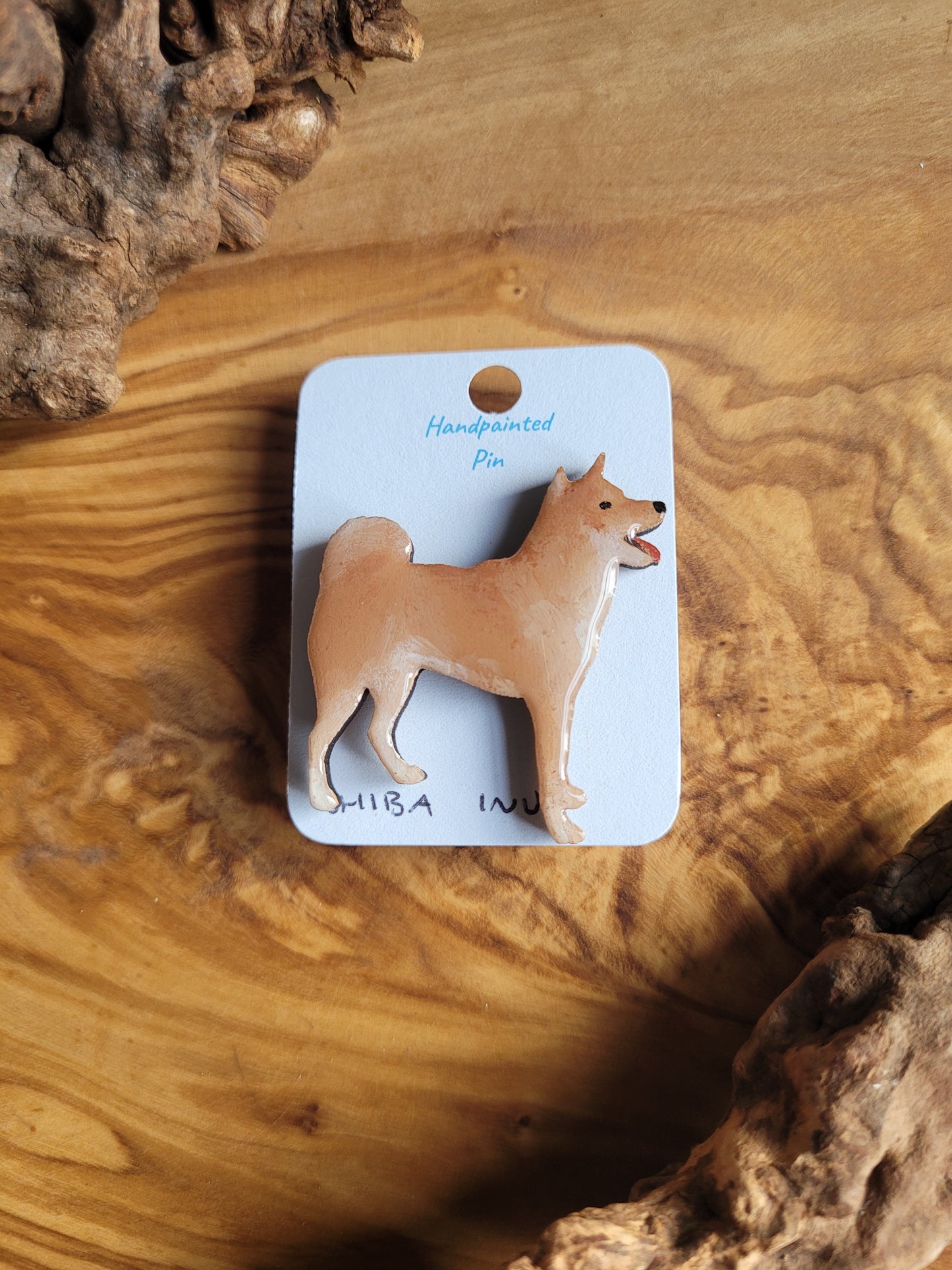 Classic red & fawn Shiba Inu pin badge, hand-painted wooden pin