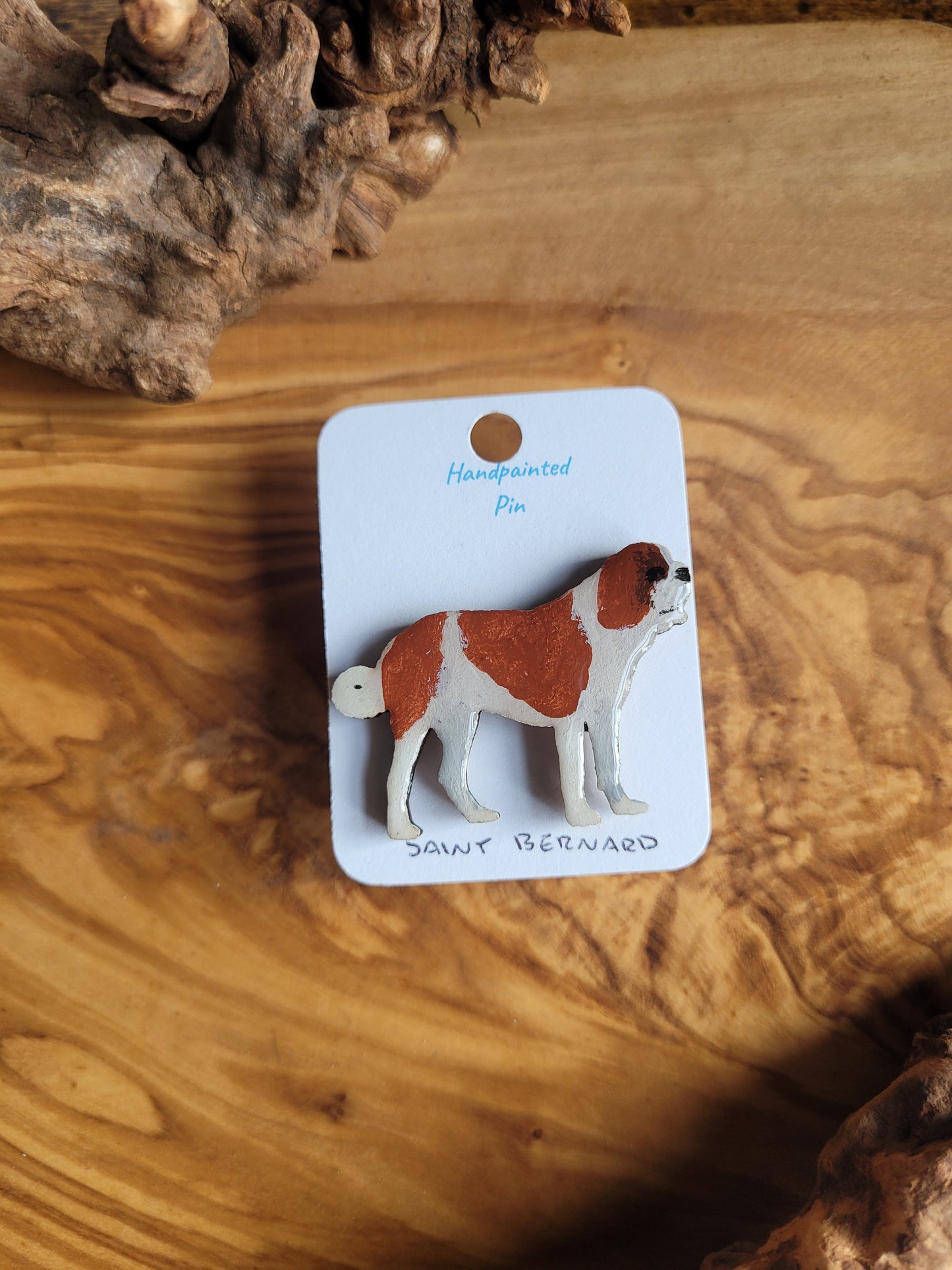 Hand-painted dog pin badge of the iconic Saint Bernard (beethoven/rescue dog) Red and white patches