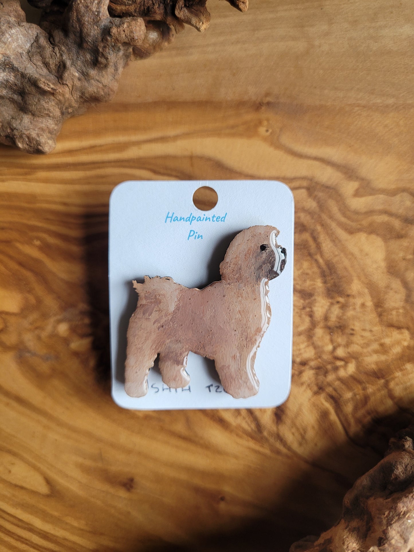 Gold, Hand-painted, wooden Shih Tzu dog pin badge