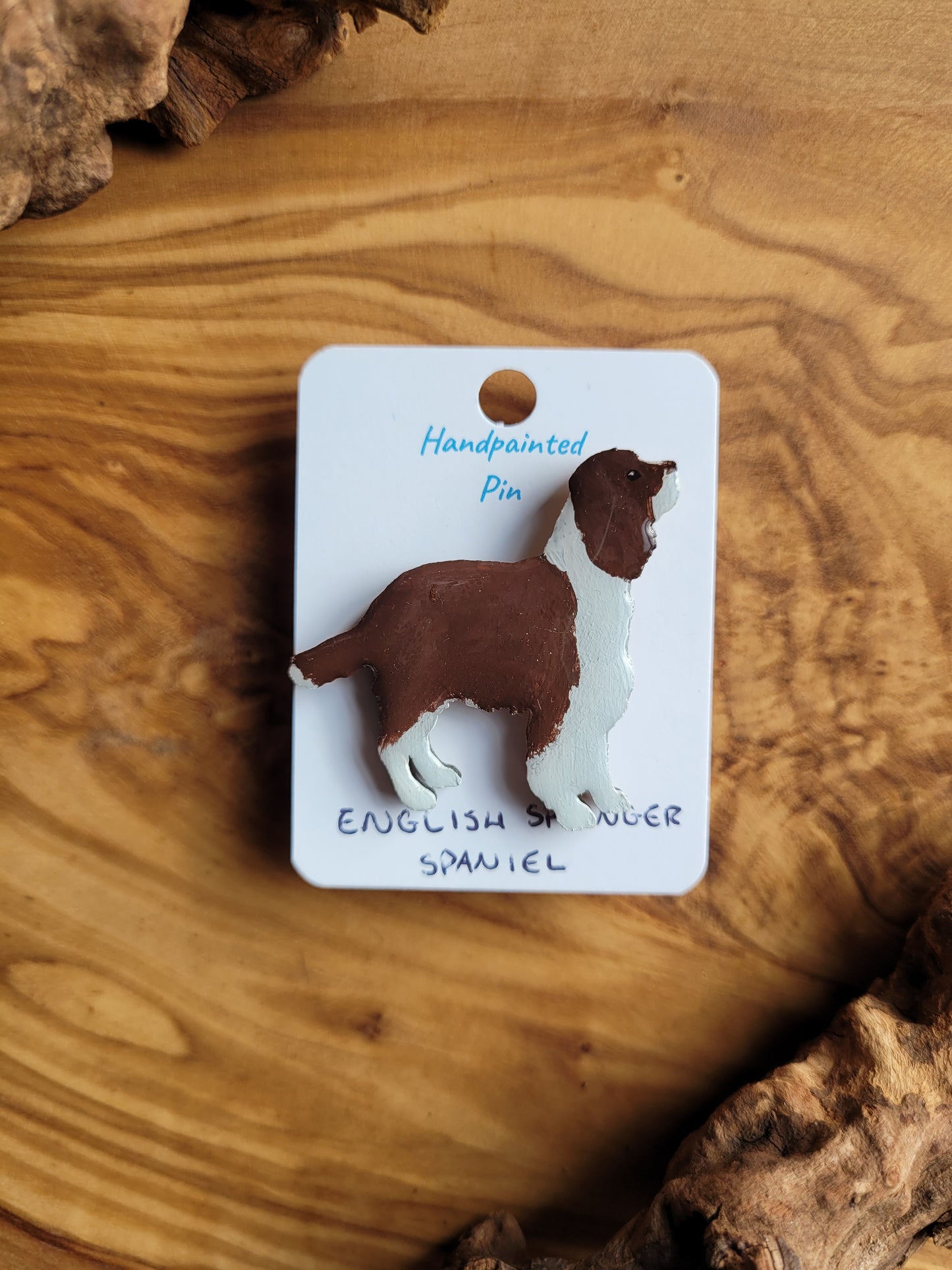 Hand-painted wooden English Springer Spaniel dog pin badge, white and liver spaniel