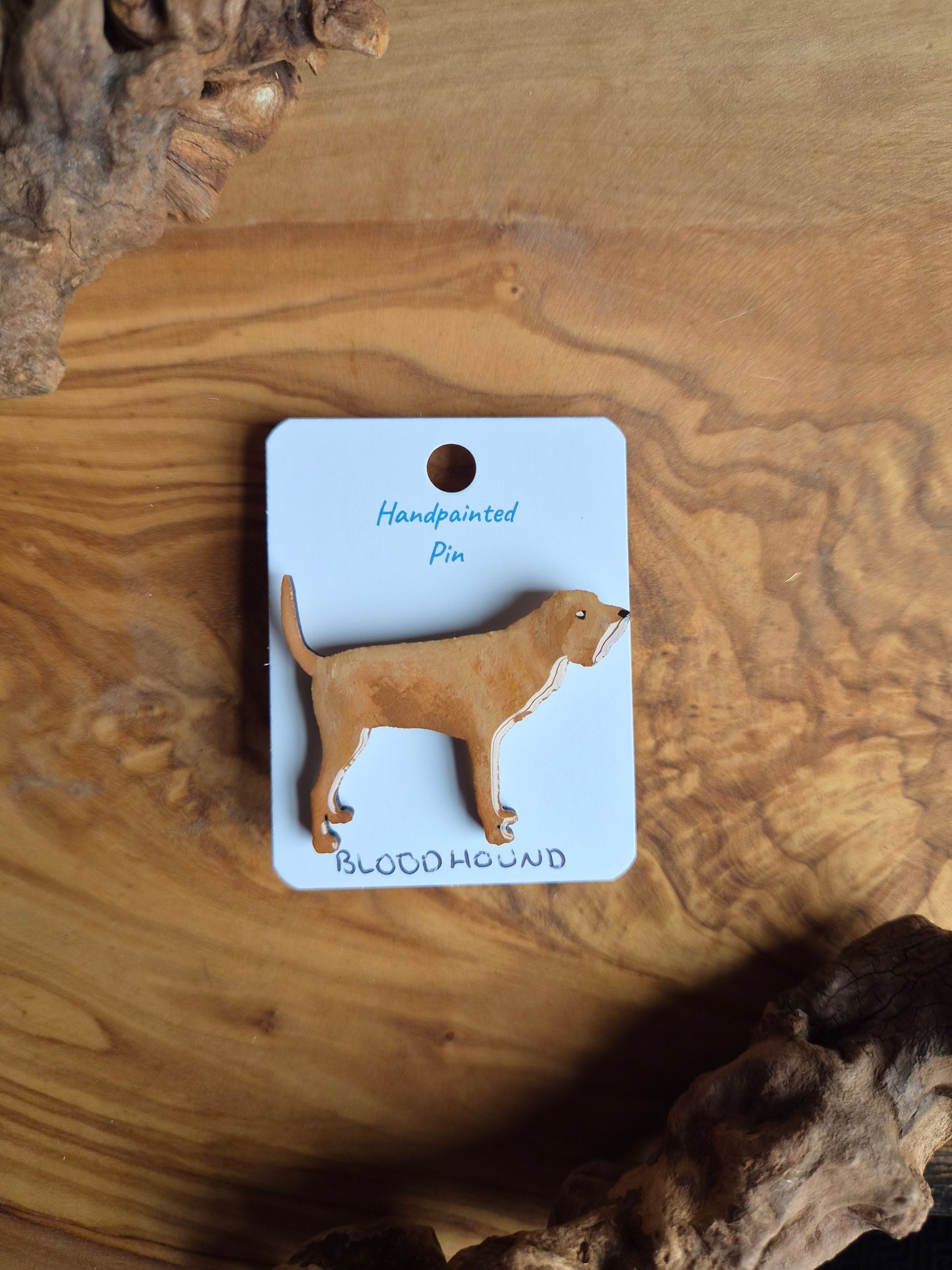 Hand-painted tan coloured Bloodhound shaped wooden pin badge