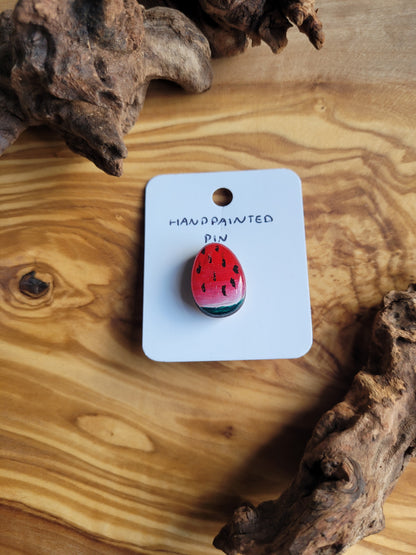 Hand-painted wooden Easter Egg shaped pin badge painted like a wedge of a watermelon slice