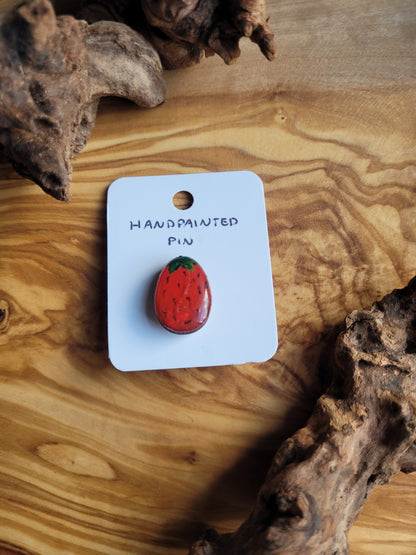 Hand-painted wooden Easter Egg shaped pin badge painted like a strawberry