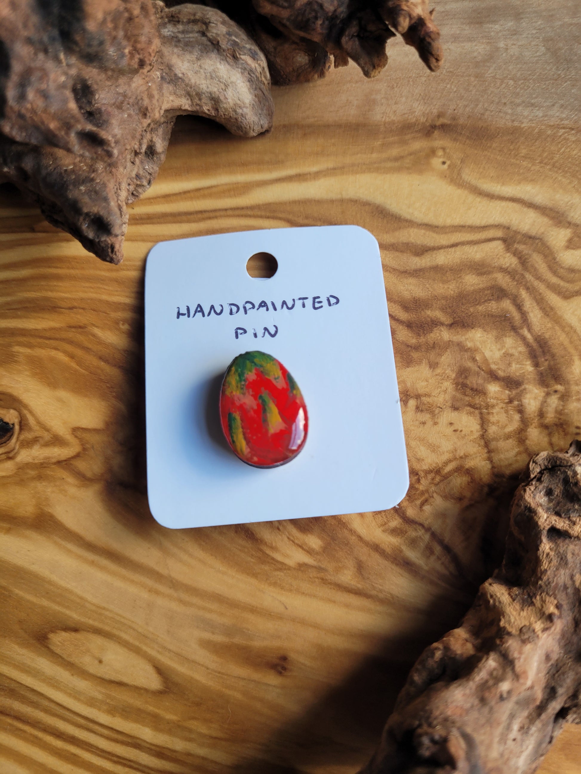 Hand-painted wooden Easter Egg shaped pin badge painted to look like a dragonfruit