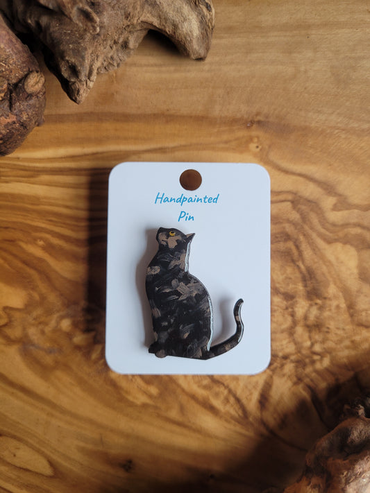 Hand-painted wooden cat pin badge.  Sitting Tortoiseshell cat pin