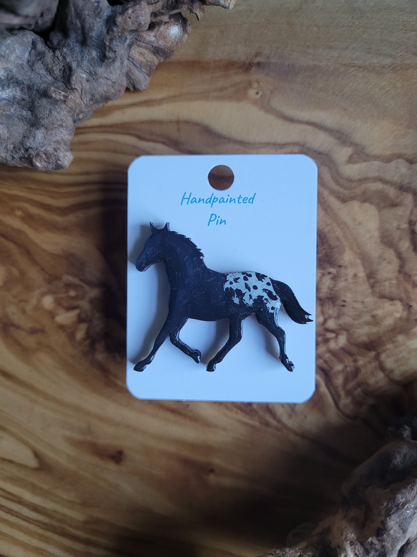 Hand-painted horse shaped wooden pin badge. Blanketed appaloosa colour