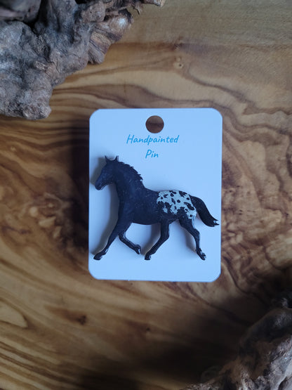 Hand-painted horse shaped wooden pin badge. Blanketed appaloosa colour