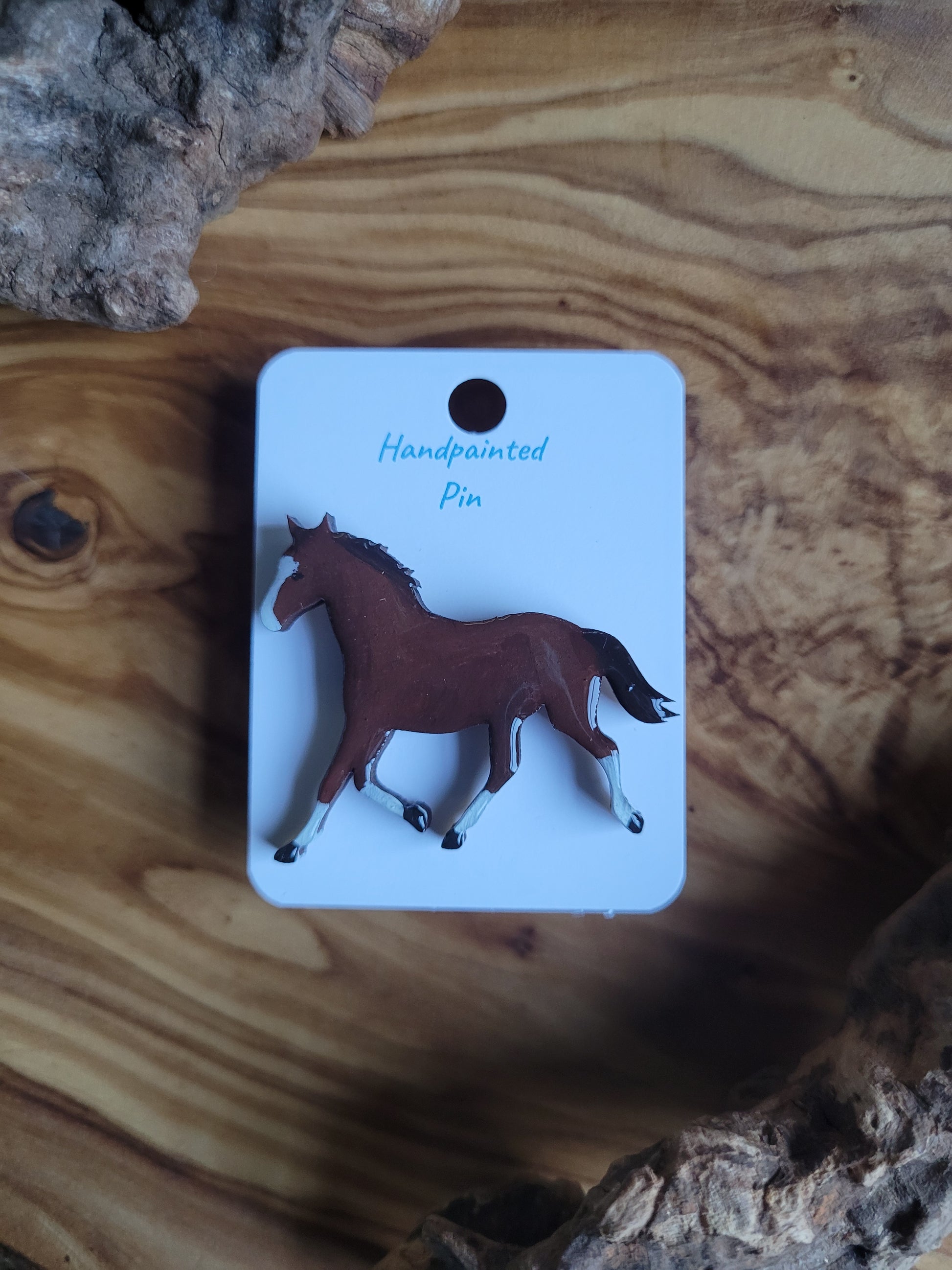 Hand-painted horse shaped wooden pin badge. PChestnut with white blaze and socks colour