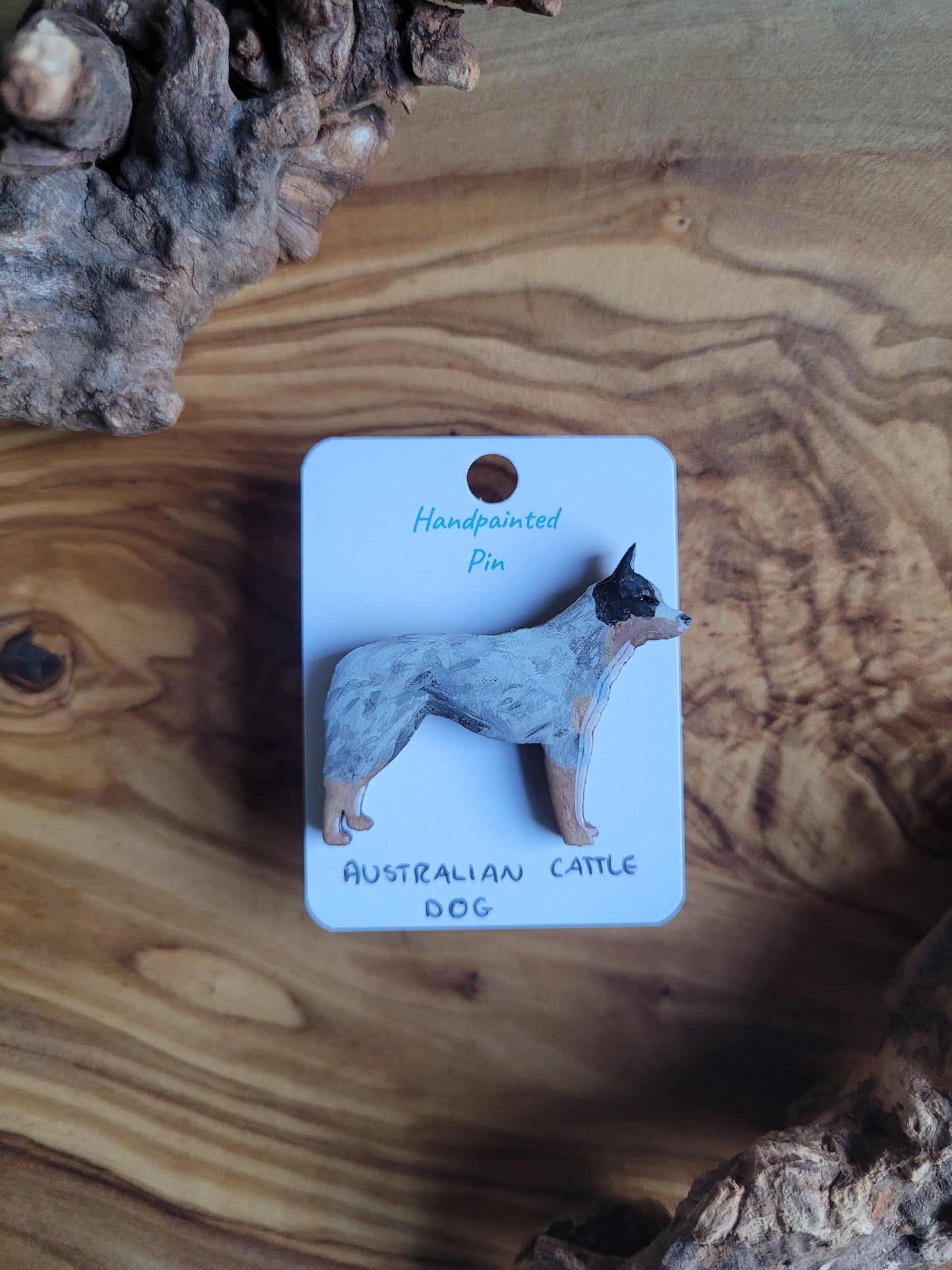Hand-painted Blue Australian Cattle Dog wooden pin badge