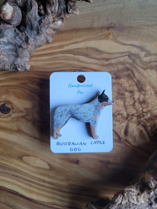 Hand-painted Blue Australian Cattle Dog wooden pin badge
