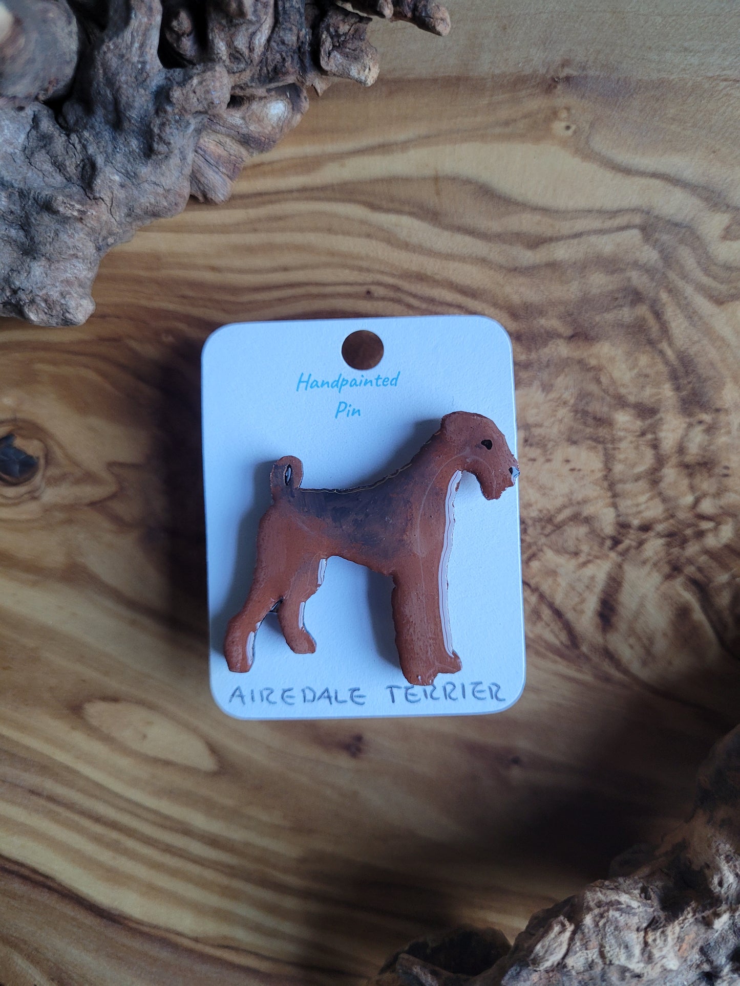 Hand-painted Airedale Terrier wooden dog pin badge