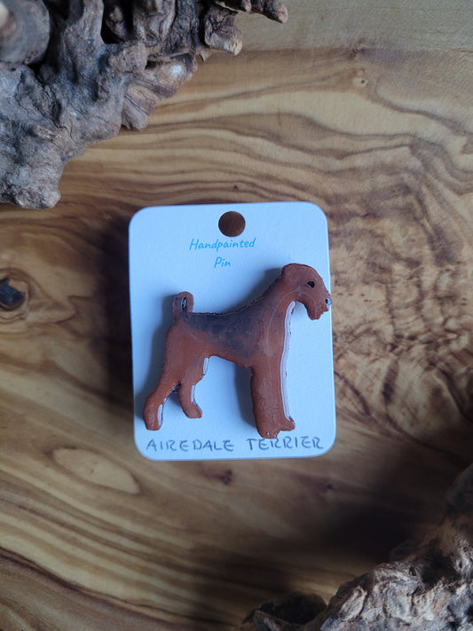 Hand-painted Airedale Terrier wooden dog pin badge
