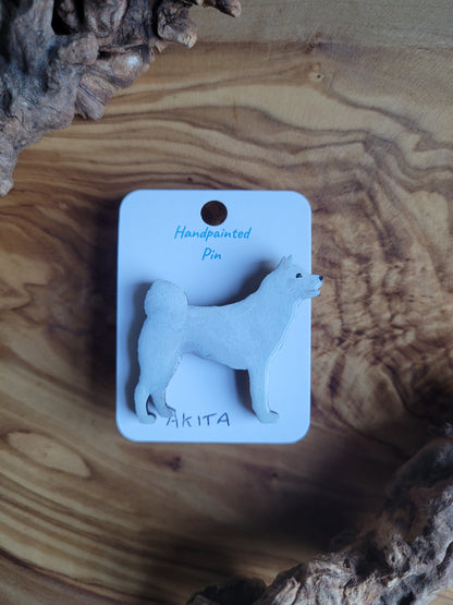 Hand-painted white Akita wooden pin badge