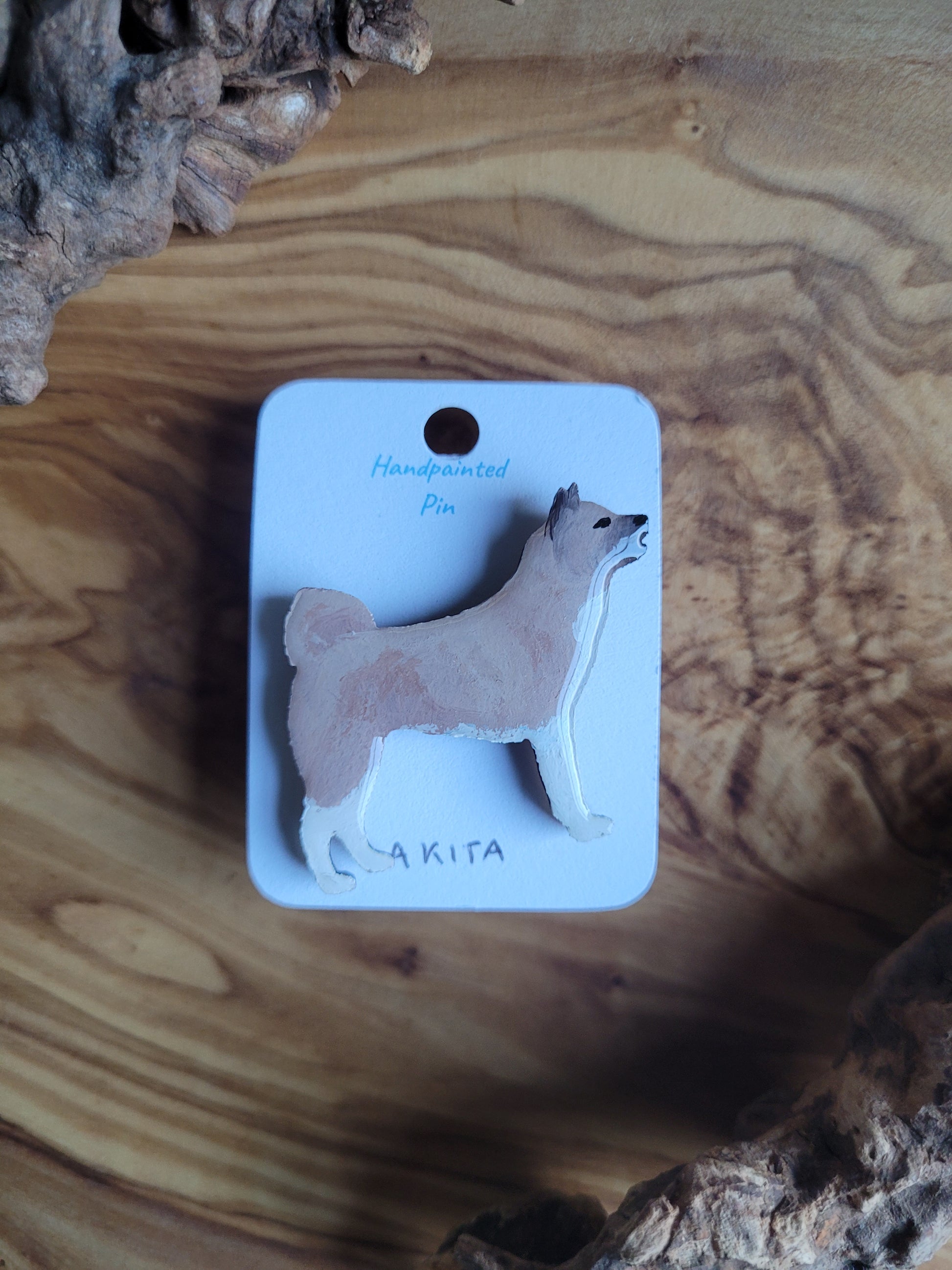 Hand-painted fawn Akita dog wooden pin badge
