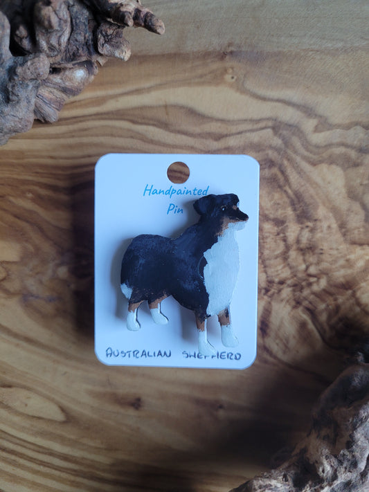Hand-painted Tri coloured Australian Shepherd wooden dog pin badge