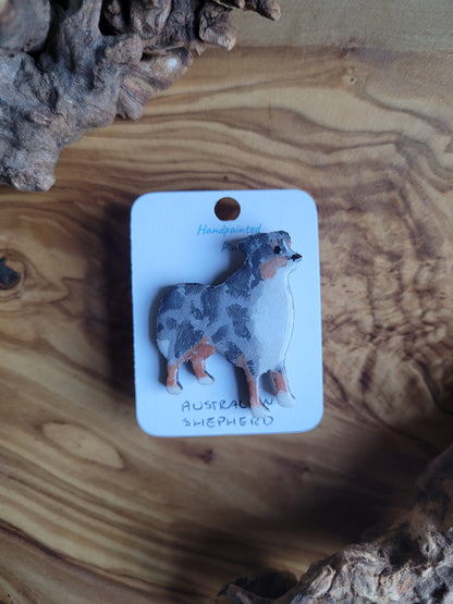 Hand-painted wooden tri merle coloured Australian Shepherd dog pin badge