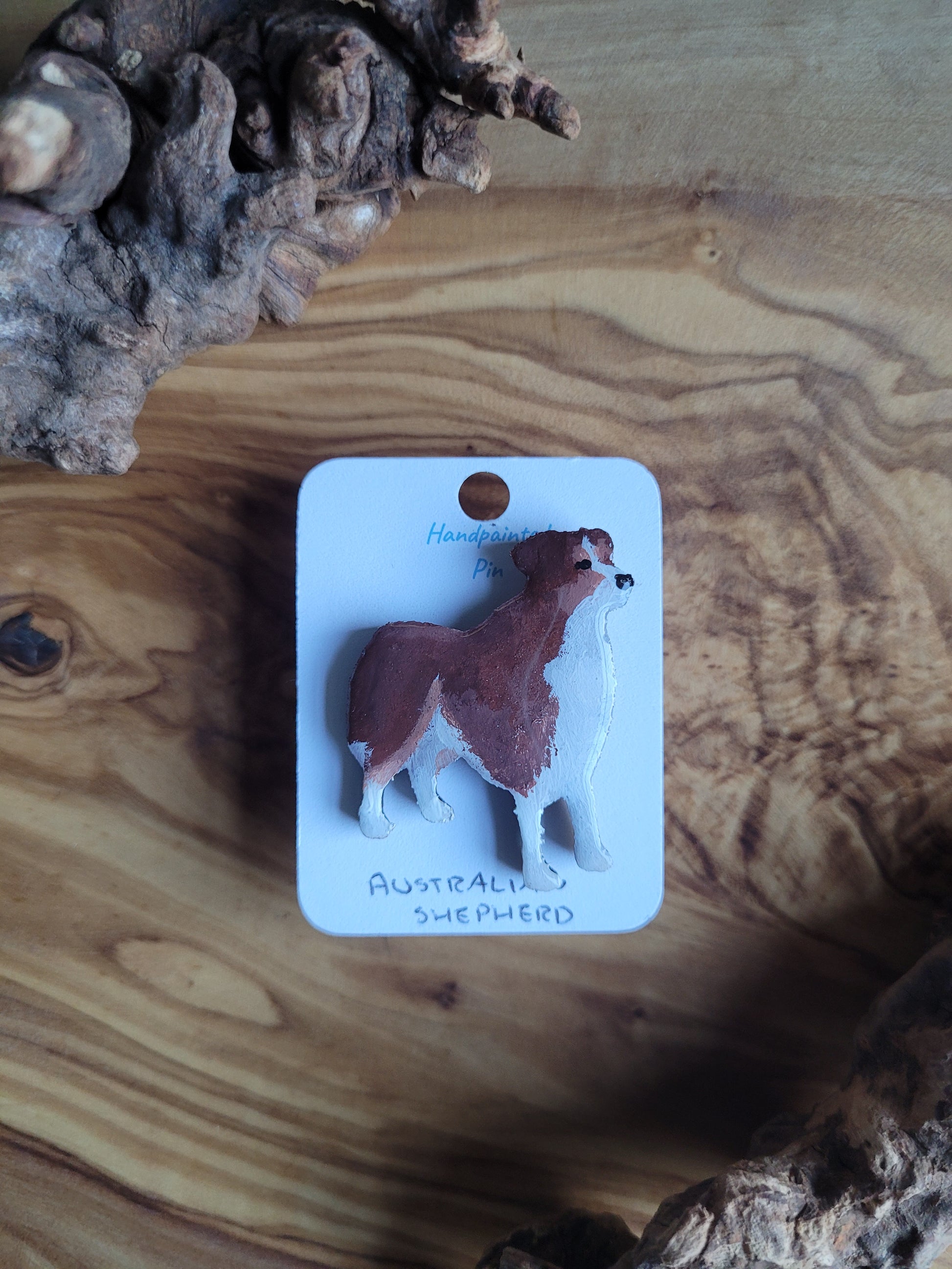 Hand-painted red tri coloured Australian Shepherd wooden dog pin badge