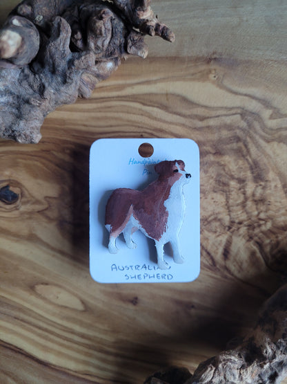 Hand-painted red tri coloured Australian Shepherd wooden dog pin badge