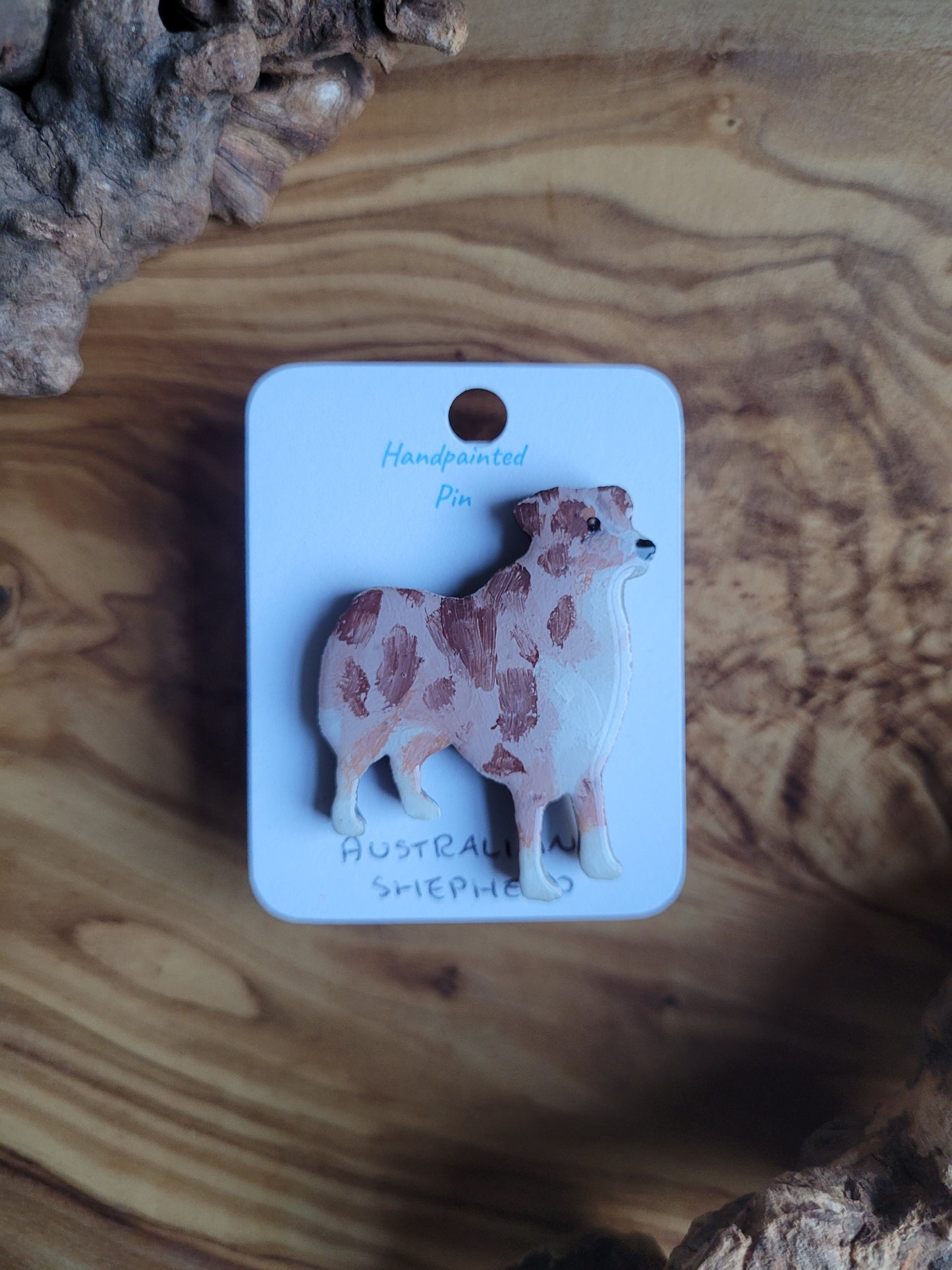 Hand-painted red merle coloured Australian Shepherd wooden dog pin badge