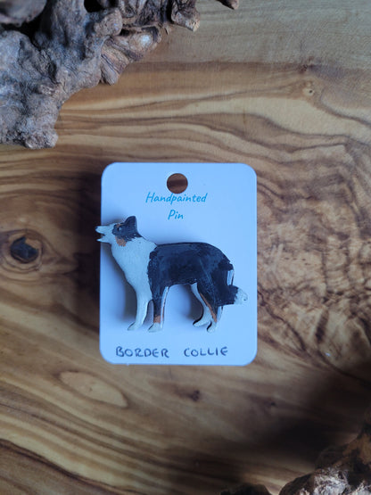 Hand-painted Wooden Tri Coloured Border Collie Pin Badge