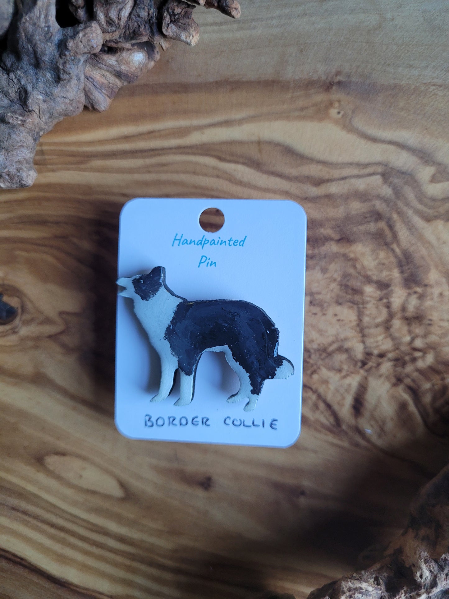 Hand-painted Wooden Black and White Coloured Border Collie Pin Badge