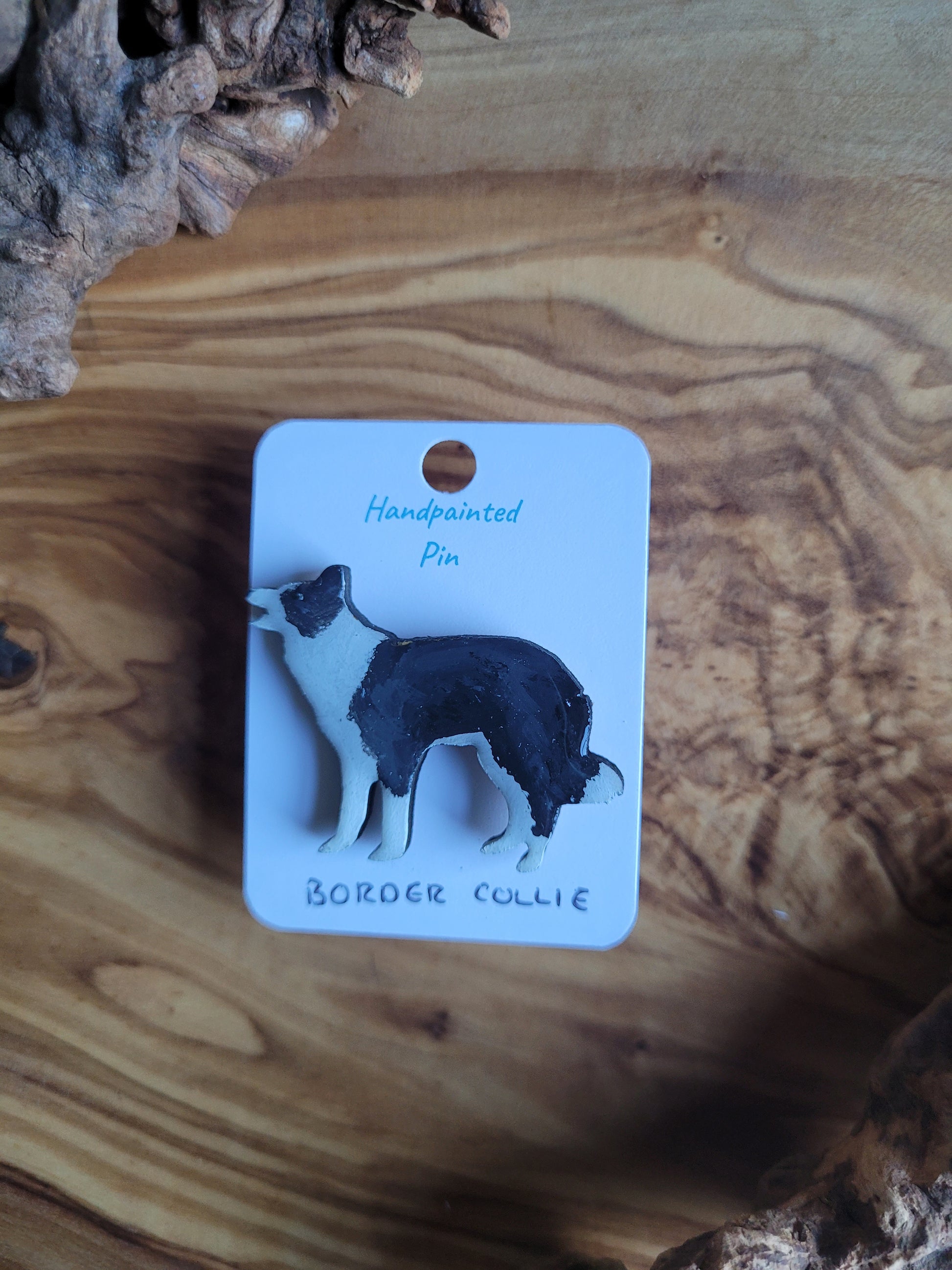 Hand-painted Wooden Black and White Coloured Border Collie Pin Badge