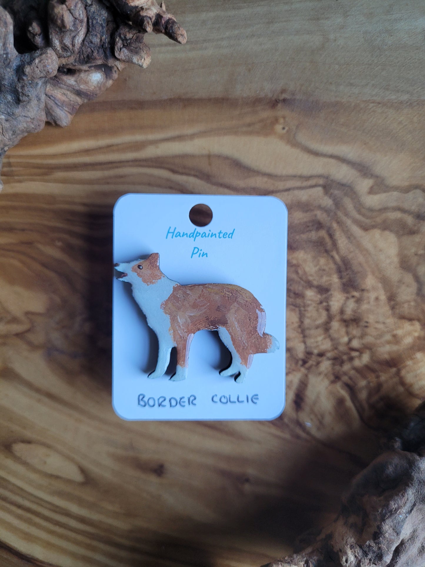 Hand-painted Wooden Light Red Coloured Border Collie Pin Badge