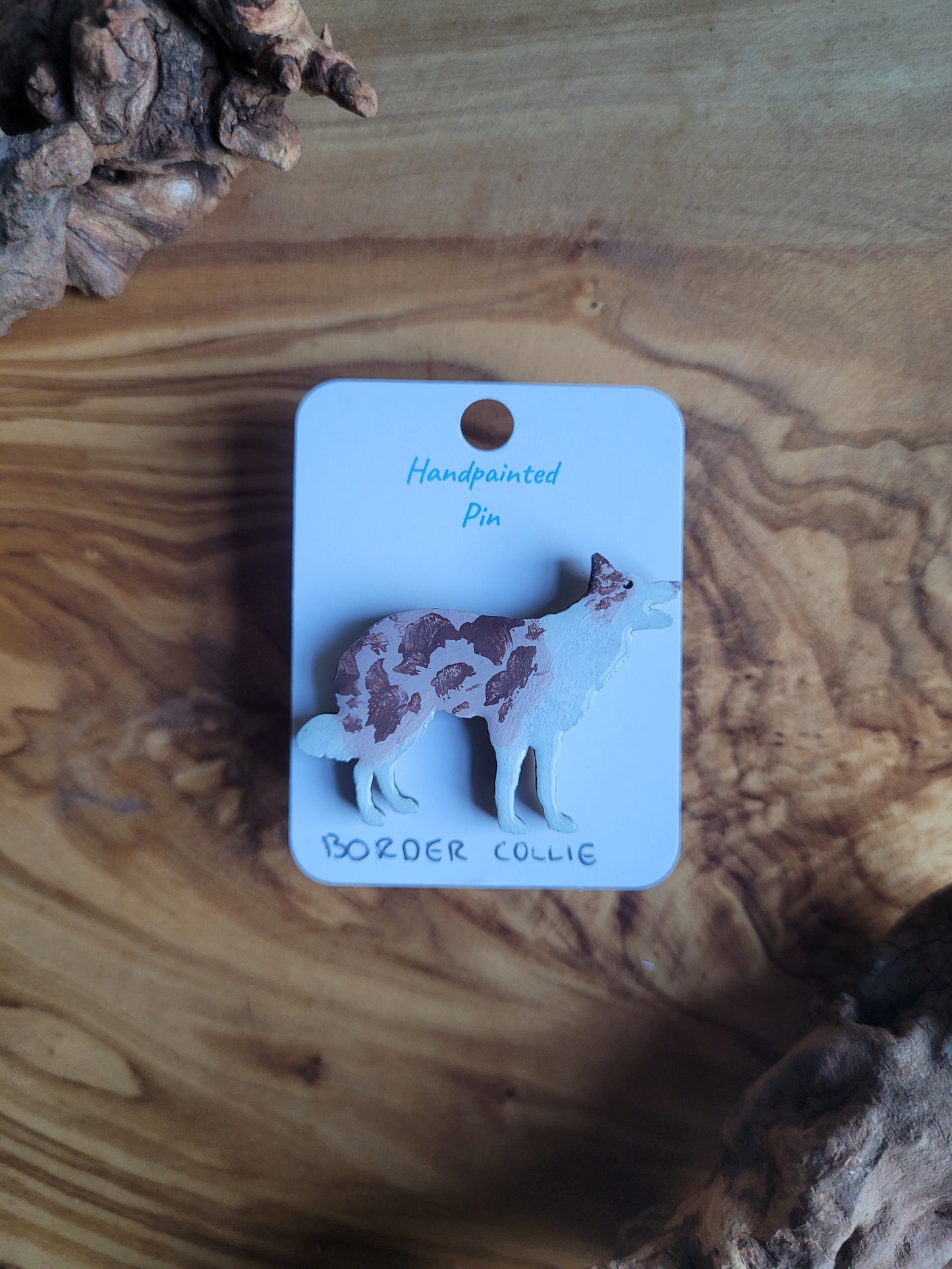 Hand-painted Wooden Red Merle Coloured Border Collie Pin Badge