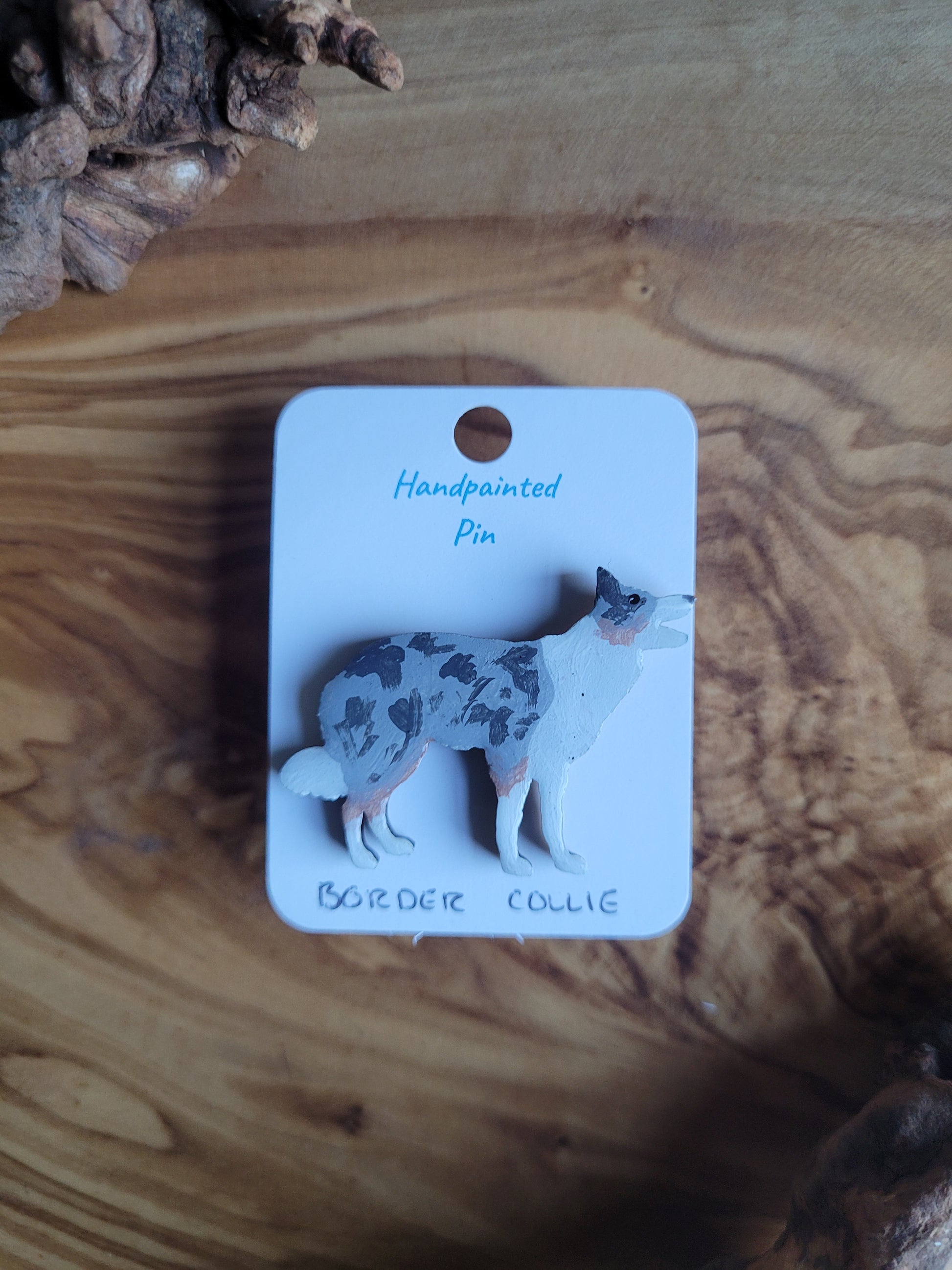 Hand-painted Wooden Tri Merle Coloured Border Collie Pin Badge