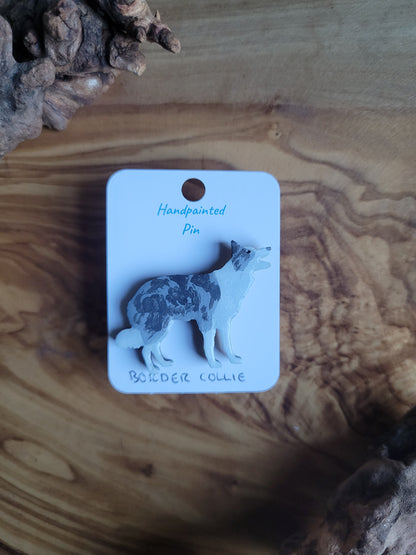 Hand-painted Wooden Blue Merle Coloured Border Collie Pin Badge