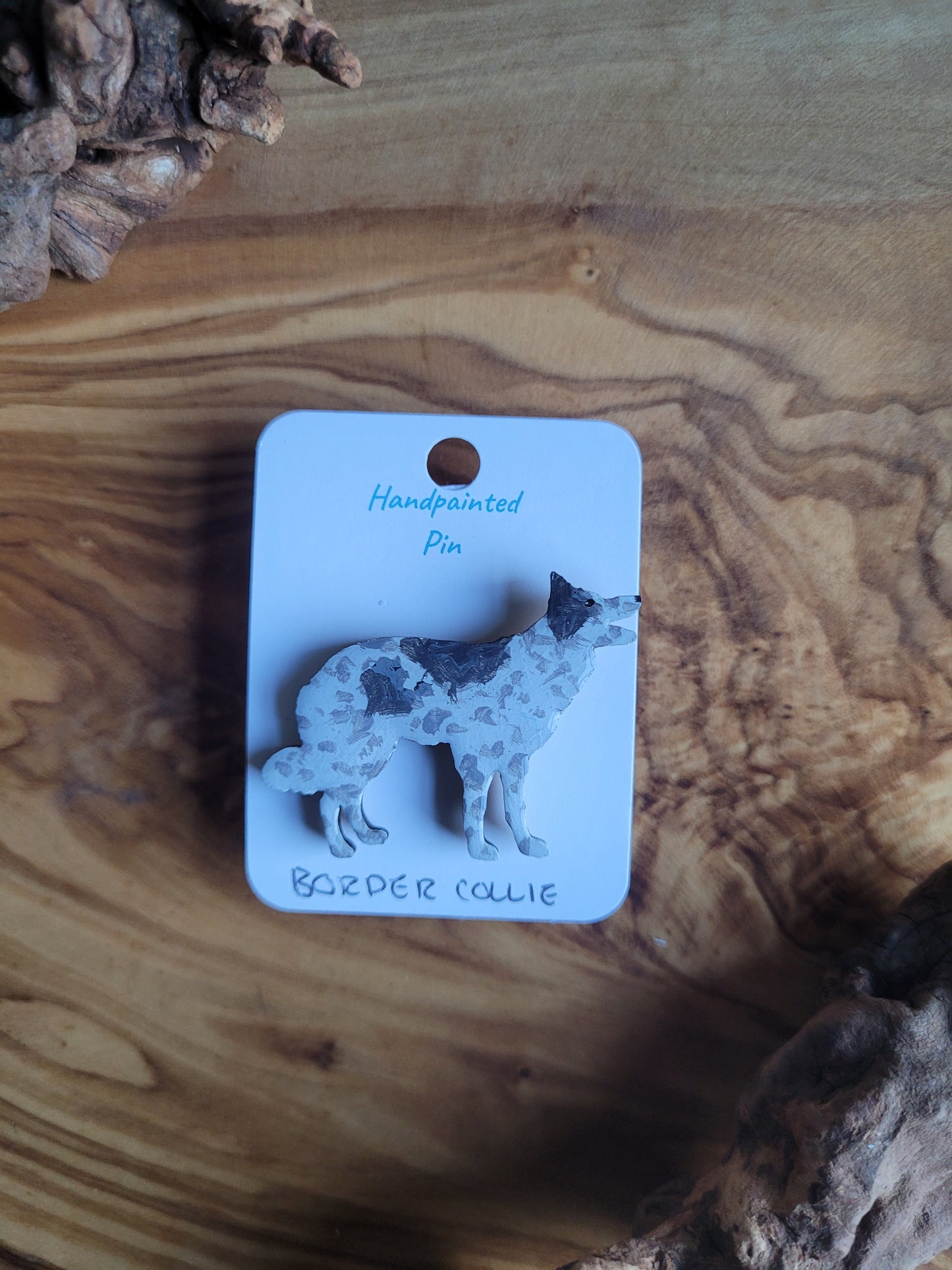 Hand-painted Wooden Ticked Coloured Border Collie Pin Badge