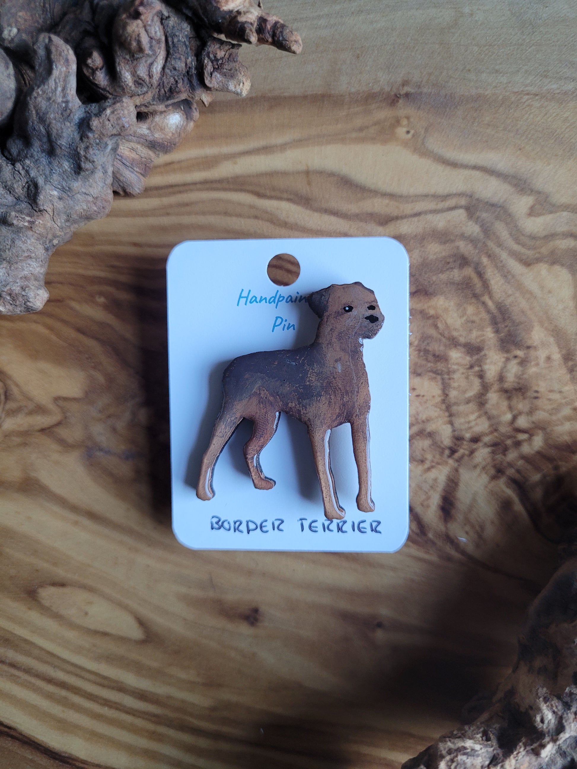Hand-Painted Wooden Chocolate and Tan Coloured Border Terrier Dog Pin Badge