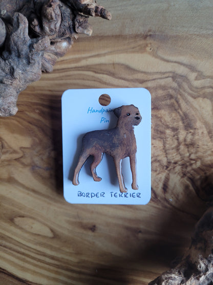 Hand-Painted Wooden Chocolate and Tan Coloured Border Terrier Dog Pin Badge