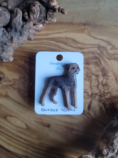 Hand-Painted Wooden Black and Tan Coloured Border Terrier Dog Pin Badge