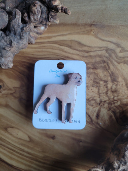 Hand-Painted Wooden Tan Coloured Border Terrier Dog Pin Badge
