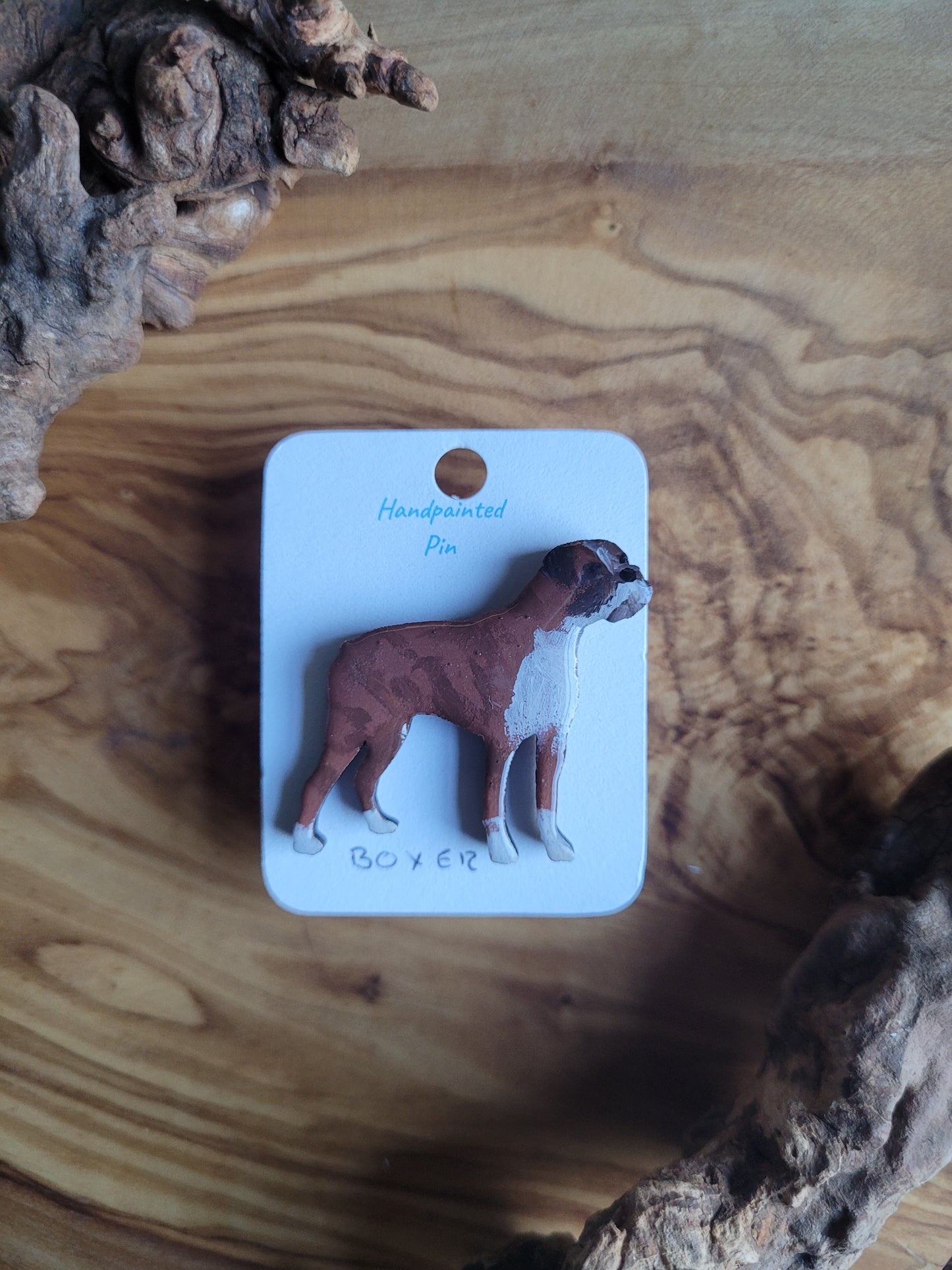 Hand-painted Wooden Boxer Dog Breed Pin Badge brindle & White Chest coloured