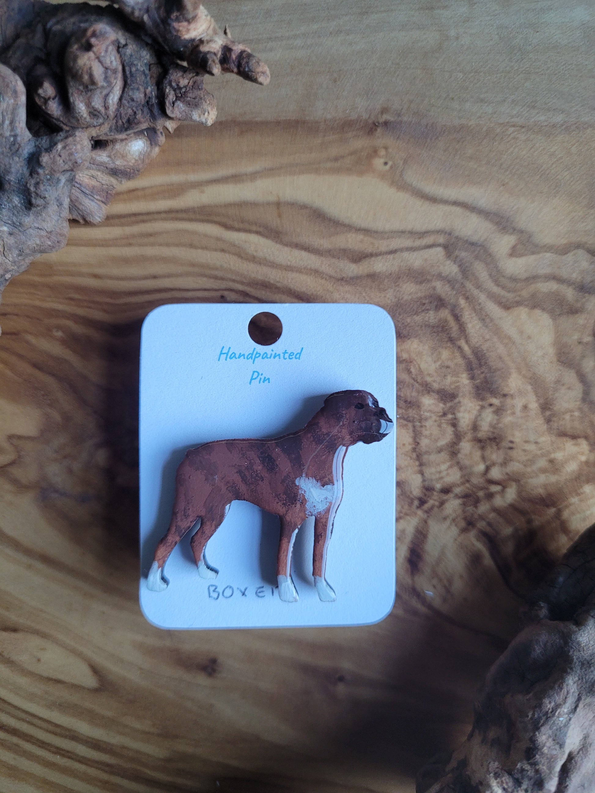 Hand-painted Wooden Boxer Dog Breed Pin Badge in brindle & White
