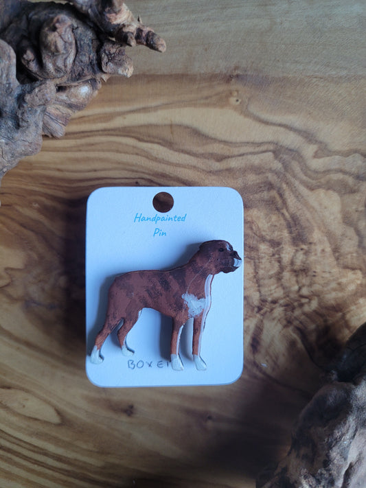 Hand-painted Wooden Boxer Dog Breed Pin Badge in brindle & White