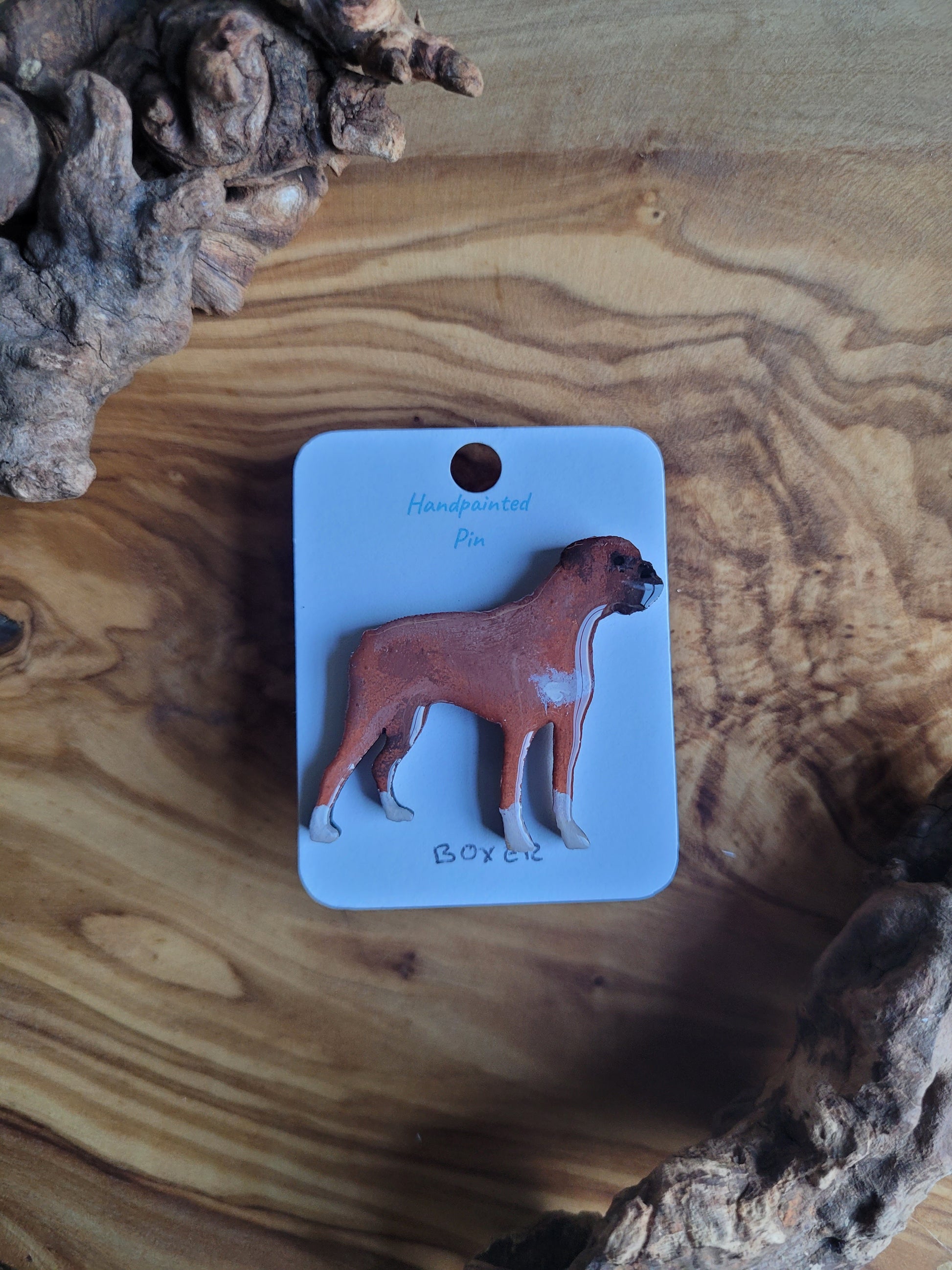 Hand-painted Red & Black with a white chest Wooden Boxer Dog Breed Pin Badge 