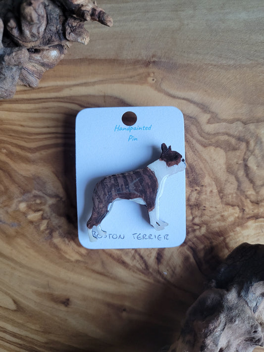 Hand-painted Wooden dog pin badge of a Brindle and white Boston Terrier 
