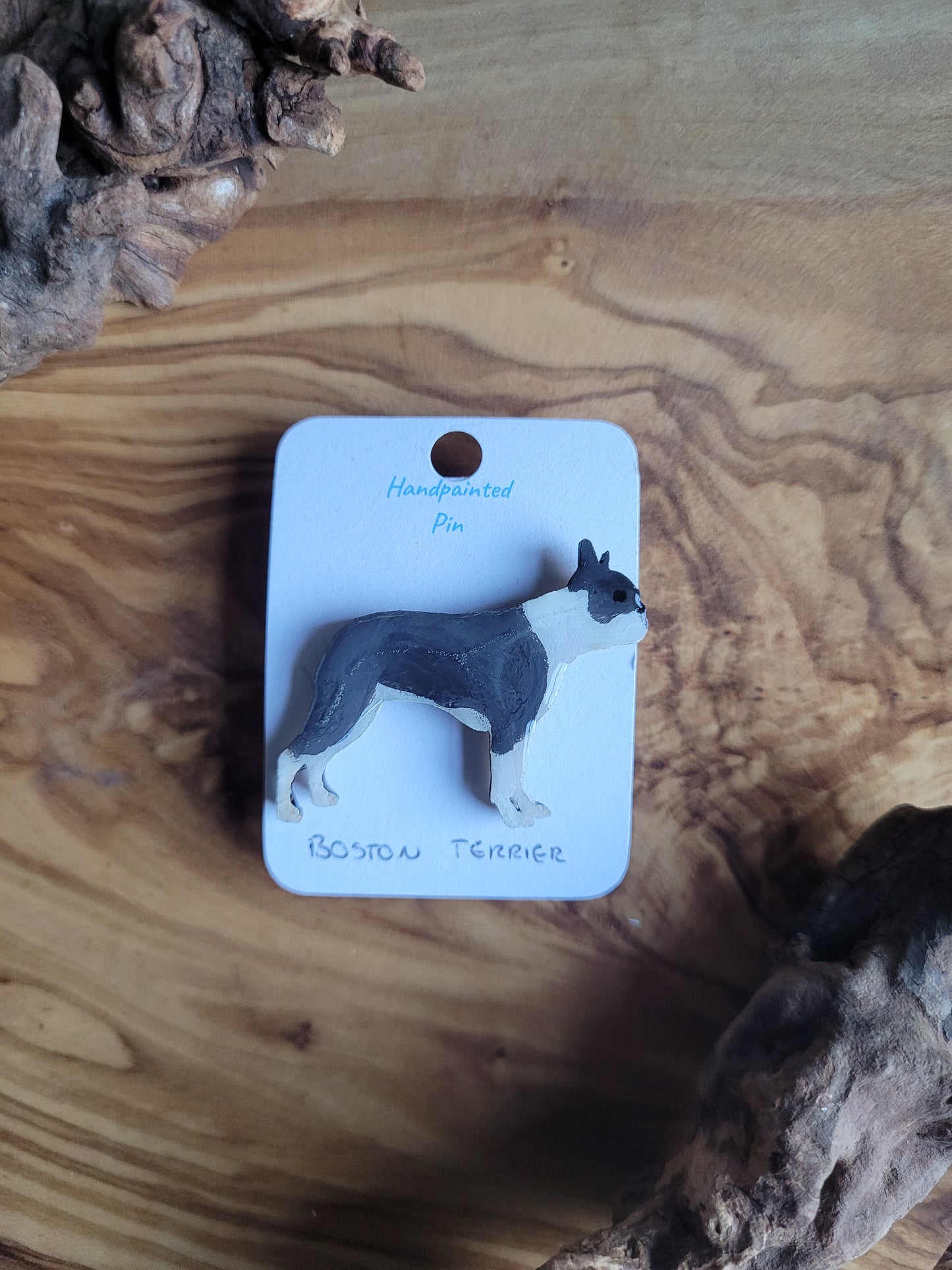 Hand-painted Wooden dog pin badge of a Blue and white Boston Terrier 