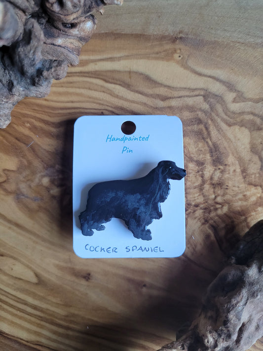 Hand-painted black coloured wooden Cocker Spaniel dog pin badge